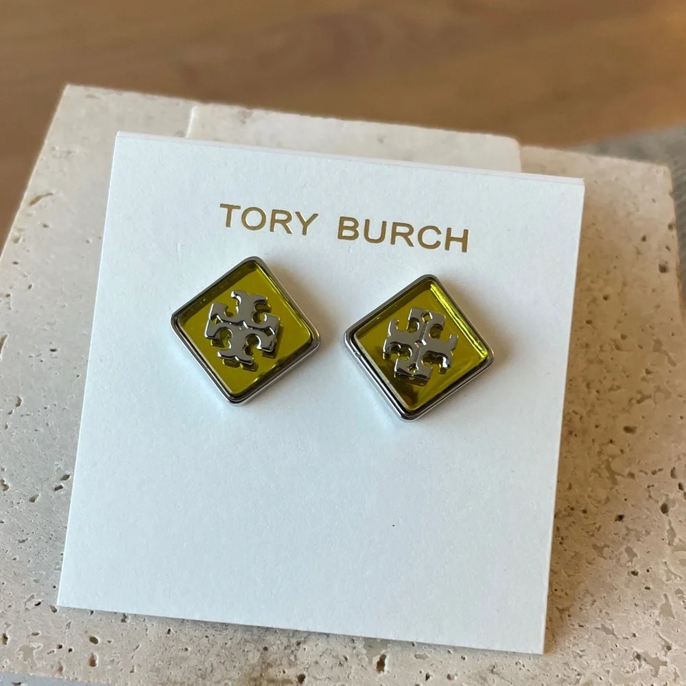 Tory Burch Logo Stud Earrings Olive Green Square Gold Silver Tone